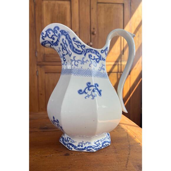 Antique Blue + White Pitcher 11.5" Porcelain Vase Samuel Alcock & Co 1840s - Picture 9 of 9